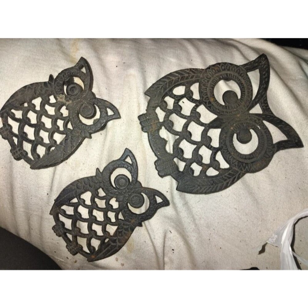 3 vintage cast iron owls